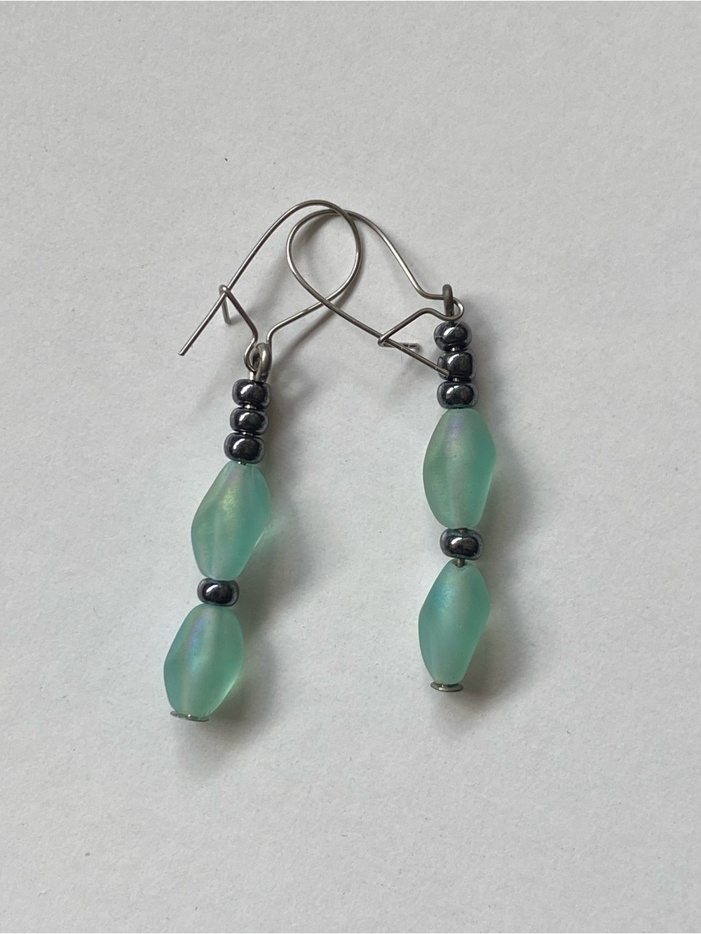Vintage Teal Glass Bead Drop Earrings - Silver Accent